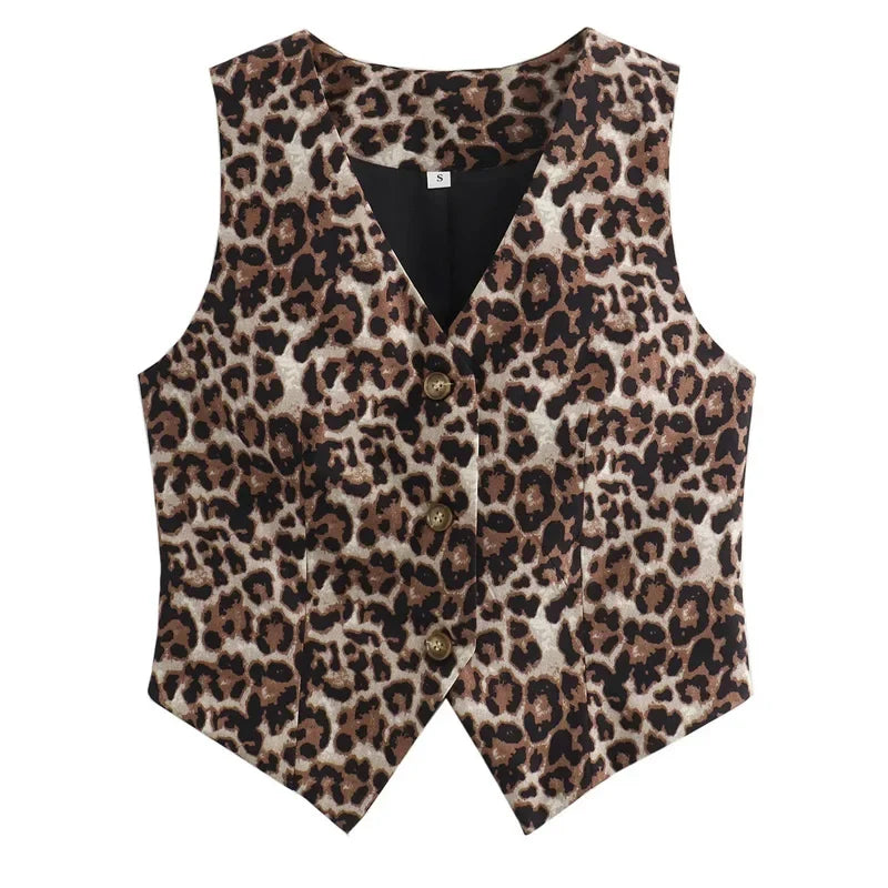 Leopard Lady Vests Vintage Cropped Sleeveless Vest Women Outerwears Animal Print Women's Suit Vest V Neck Casual Waistcoat