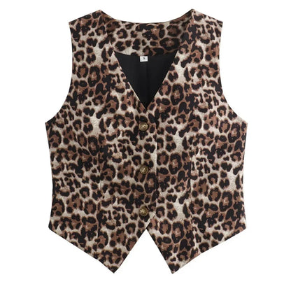Leopard Lady Vests Vintage Cropped Sleeveless Vest Women Outerwears Animal Print Women's Suit Vest V Neck Casual Waistcoat