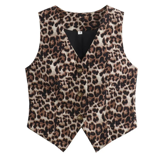 Leopard Lady Vests Vintage Cropped Sleeveless Vest Women Outerwears Animal Print Women's Suit Vest V Neck Casual Waistcoat