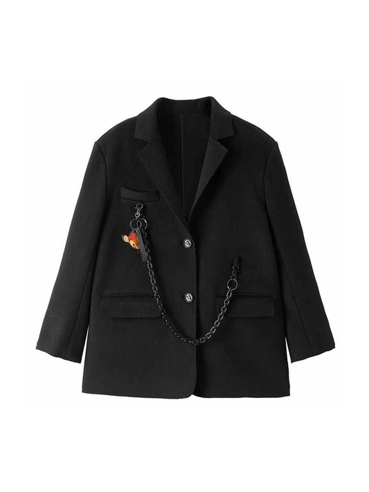 Women's Black Gothic Woolen Blazer Jacket Vintage Long Sleeve Outerwear Single Breasted Suit Coat Harajuku Y2k Emo 2000s Autumn
