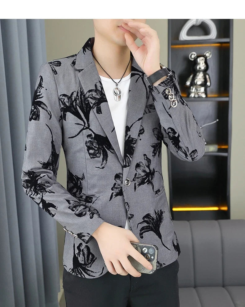 Blazer Men's Fashion Gentleman Business Outdoor Travel Print Wedding Slim-fit Korean Trend Handsome Youth Casual Blazer