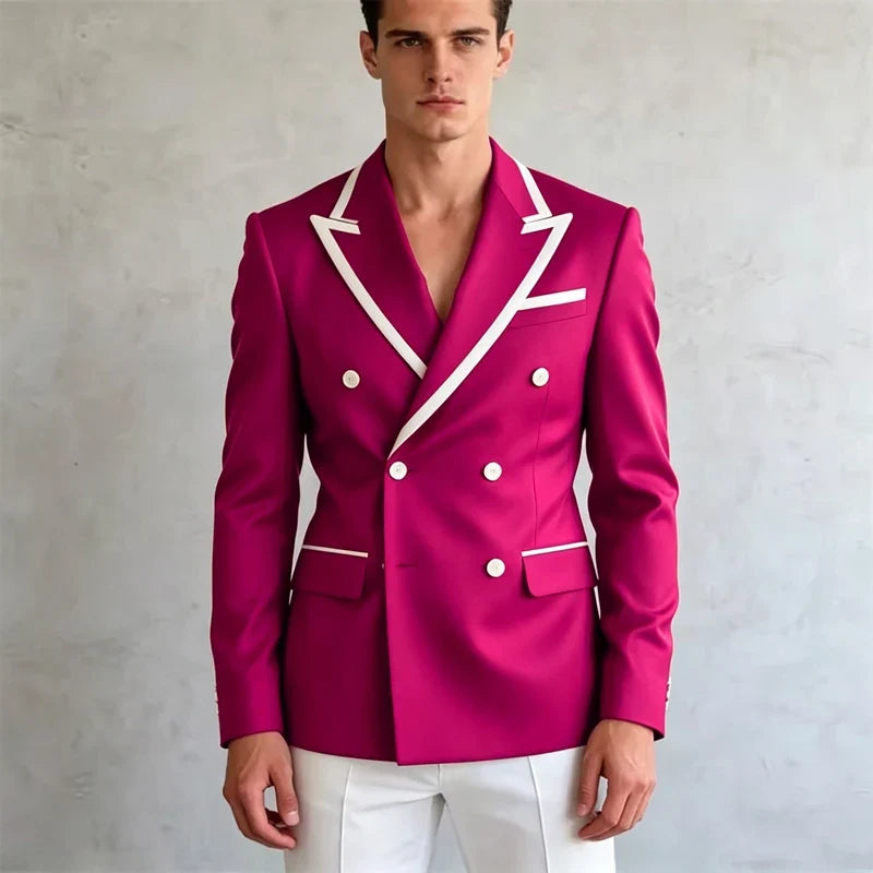 Double Breasted Slim Fit Blazer – Men's Formal Suit Jacket with White Contrast Piping