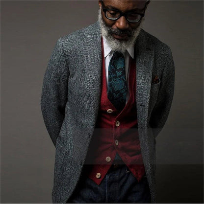 Dark Gray Men's Herringbone Tweed Blazer Single Breasted Notch Lapel Prom Tuxedo Jacket Woolen Suit Daily Office Business Coat