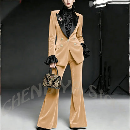 Wine Red Women Suit Stylish Velvet Elegant Outfit Peaked Lapel Blazer Pants Evening Party Prom Female Clothing Two Pieces