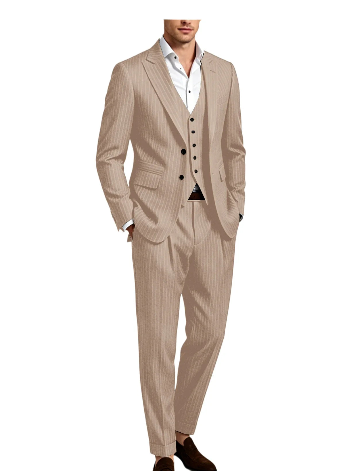 Men's 3-Piece Pinstripe Suit – Slim Fit Notched Lapel Blazer, Vest & Trousers for Wedding & Business