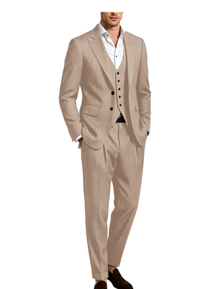Men's 3-Piece Pinstripe Suit – Slim Fit Notched Lapel Blazer, Vest & Trousers for Wedding & Business