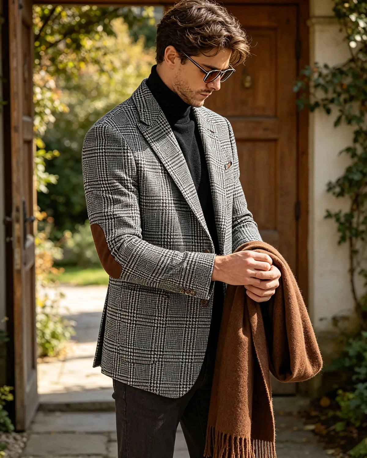 Vintage Wool Blend Plaid Men's Jackets Notched Collar Slim Fit Single Breasted Blazers With Suede Elbow Patches Business Casual