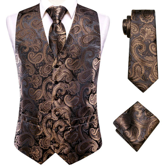 Men's Vest 3-Piece Set Double Breasted Paisley Jacquard Waistcoat with Tie and Pocket Square for Formal Occasions