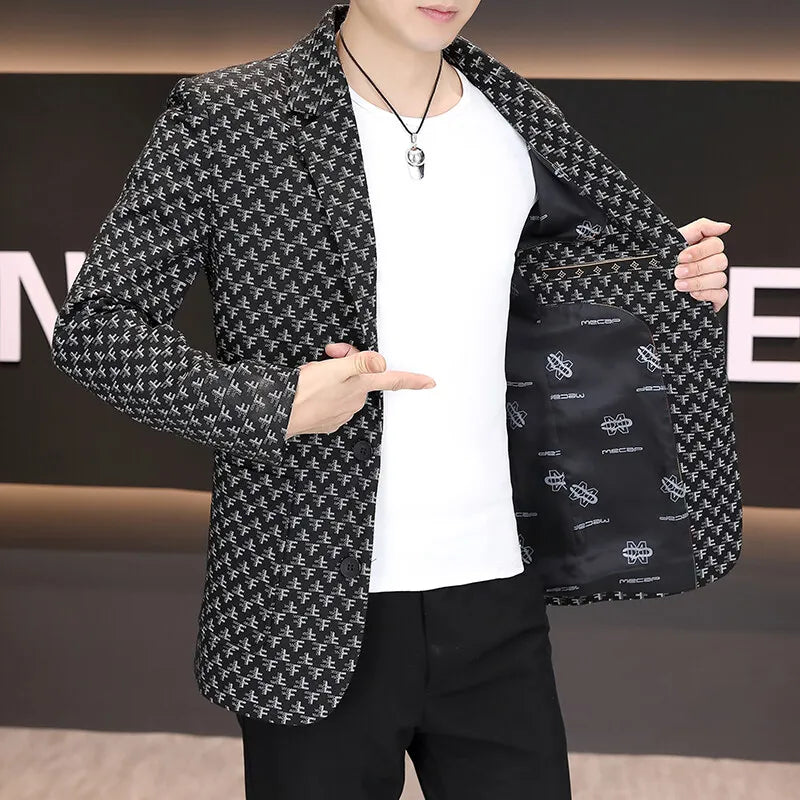 2025 Spring Autumn Letter Printed Suit Jackets Men Korean Fashion Slim Fit Blazer Masculino Casual Business Social Dress Coats