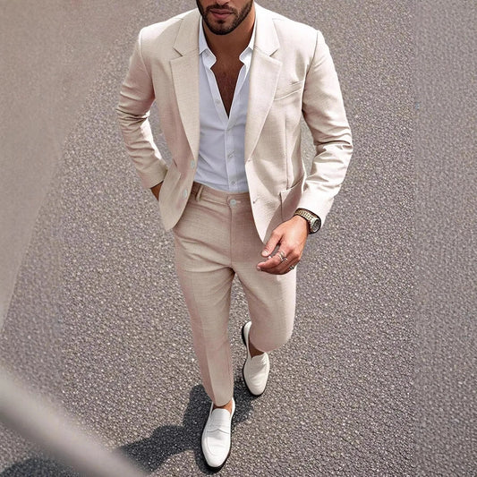 Spring Summer Men's Formal Suit Set European Sizes Solid Color Elegant Banquet Light Business Dress for Men