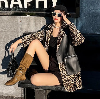 Fashion Women Sheepskin Spliced Mid-Long Blazers Coat Long Sleeve Notched Collar Single Breasted Zipper Pocket Casual Jacket Top