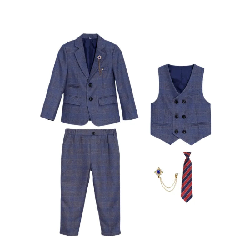 Boys Formal Wedding Birthday Prom Suit Set With Jacket Vest Pants Tie Brooch Children's Piano Host Speech Performance Costume