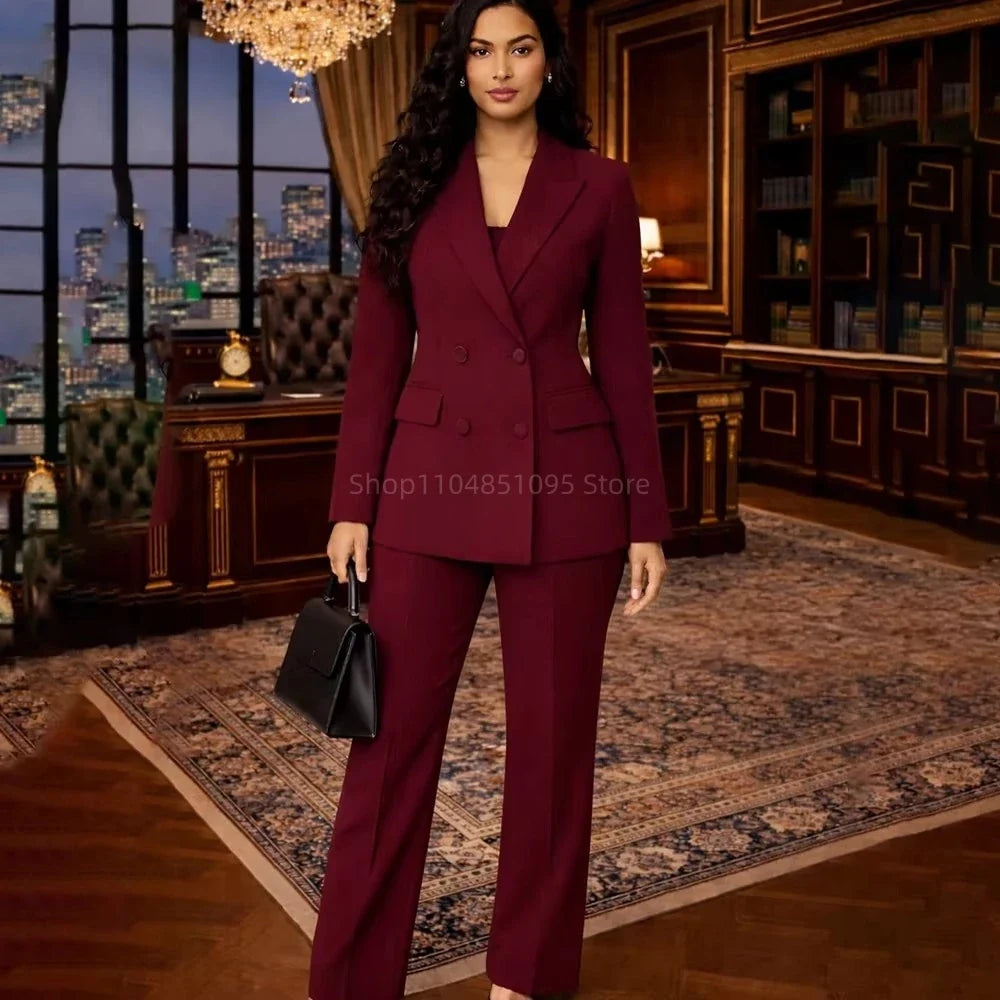 New Women Suits Fashion Double Breasted Business Blazer Burgundy Casual Coat Trousers 2 Pcs Set Office Ladies Wear Suit Pants