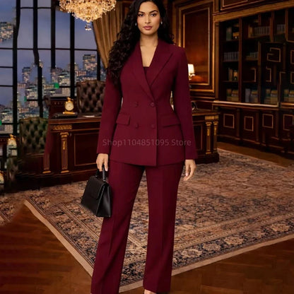 New Women Suits Fashion Double Breasted Business Blazer Burgundy Casual Coat Trousers 2 Pcs Set Office Ladies Wear Suit Pants