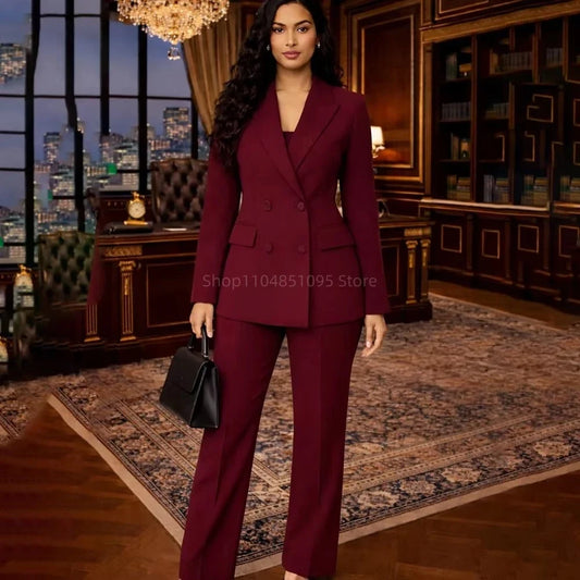 New Women Suits Fashion Double Breasted Business Blazer Burgundy Casual Coat Trousers 2 Pcs Set Office Ladies Wear Suit Pants