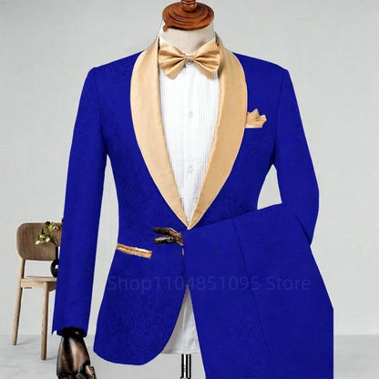 Men's Formal  Jacquard 2-Piece Wedding Suit Shawl Lapel Blazer with Pants Slim Fit Tuxedo Business Costume for Groom Party Prom