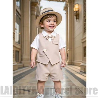 Summer Boys Suit Set Kids Wedding Formal Outfit Vest Shorts Children Outfit For Party Fashion Single Button Daily Casual 2 Piece