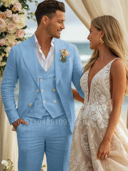 Beige/Blue 3 Piece Linen Men's Wedding Suits Groom Tuxedos Casual Beach Wedding Party Prom Suit Set with Jacket Vest And Pants