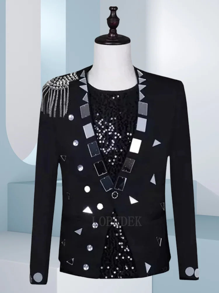 Men's Fashion Silver Black Rivet Sequined Slim Fit Jacket Punk Style Stage Performance Coat Bar Singer Host Nightclub Stage Wear