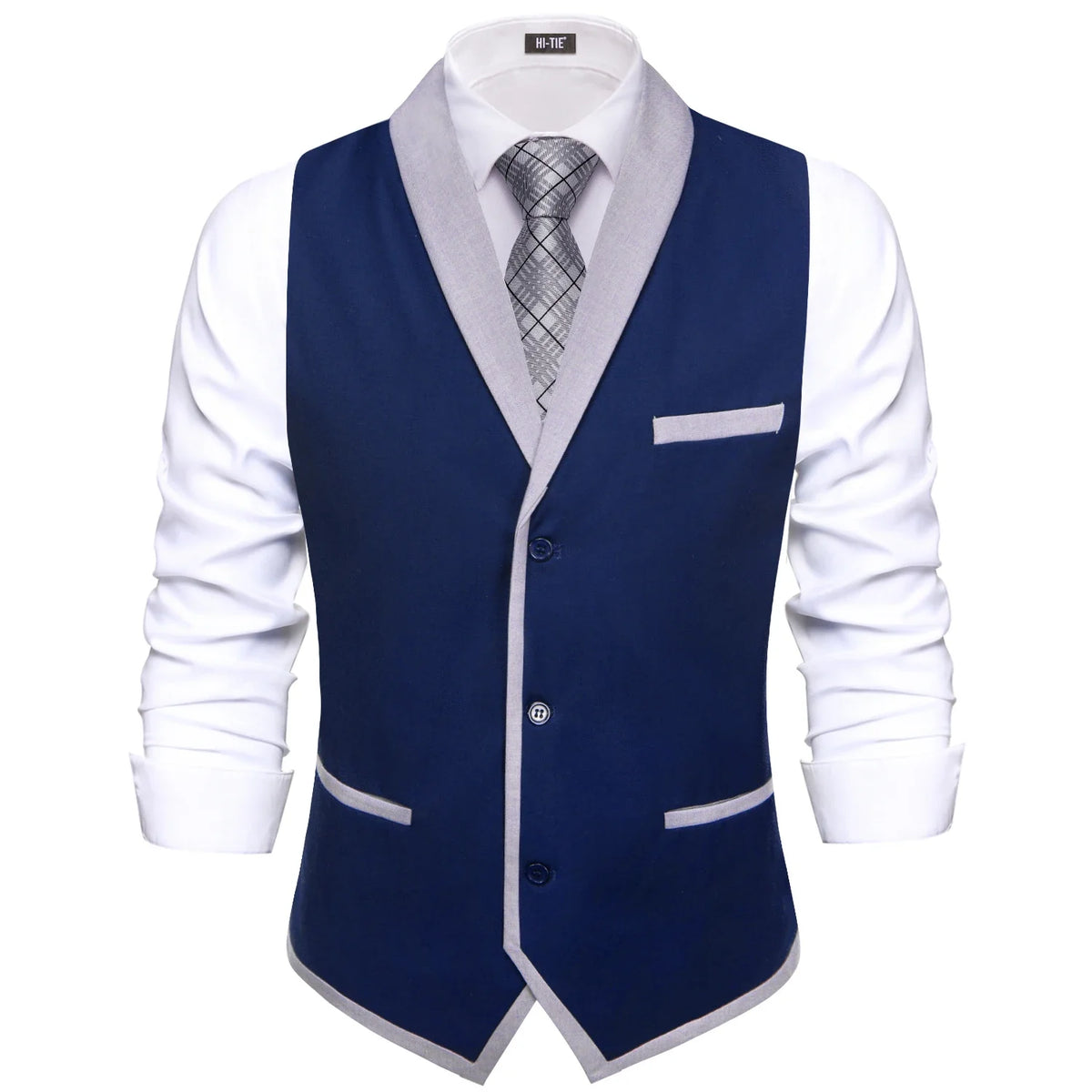 Men's Double Breasted Waistcoat with Necktie Pocket Square and Cufflinks – Black & Blue