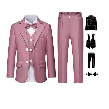 Gentleman Kids Blue 4Piece/Set Jacket Vest Pants Bowtie Photograph Suit Boys Piano Dress Children Graduation Performance Costume