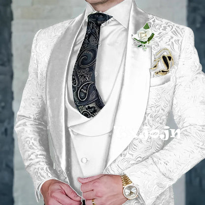 Exquisite jacquard Men's 3-piece Suits Wedding Groom Sets Handsome Shawl Lapel Suit Set Dancing Wear Formal Tuxedo For Business