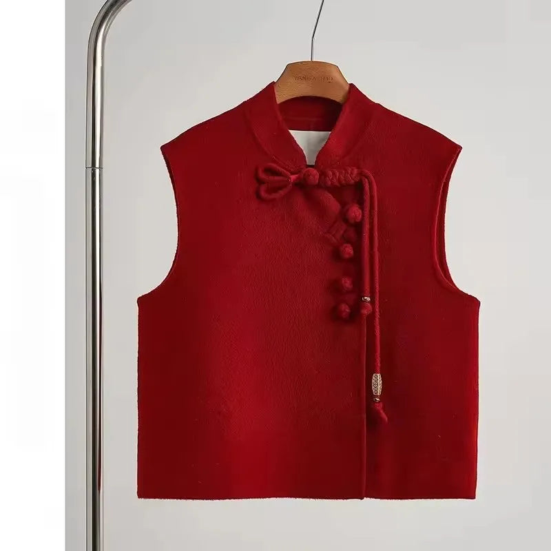2025 Spring Chinese Style Red Vest Disc Buckle Sleeveless Vest Short Jacket Elegant Chic Women's Tweed Waistcoat