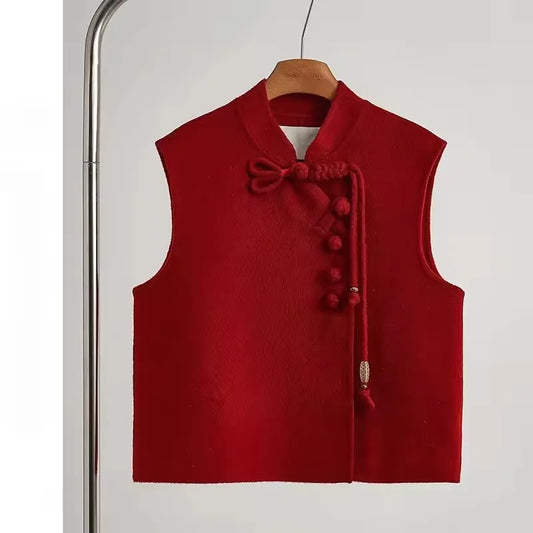 2025 Spring Chinese Style Red Vest Disc Buckle Sleeveless Vest Short Jacket Elegant Chic Women's Tweed Waistcoat