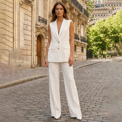 New Female Two Piece Suit Fashion Long Vest and Wide Trousers Set For Business Party Casual Daily Summer Solid Women Outfit