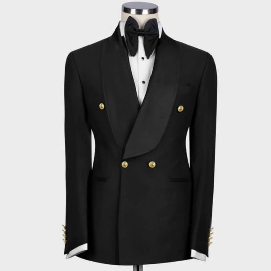 Men Suit 2 Pieces Black Double Button With Lapel Gold Button For Wedding Banquet Party Work Office Business Jacket With Pants