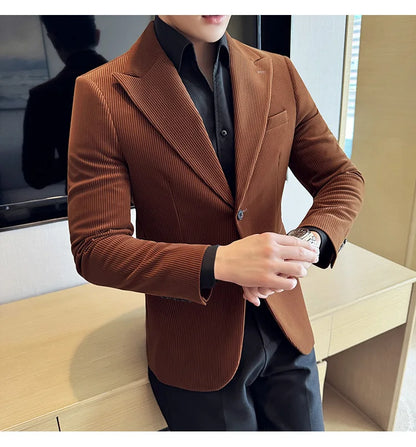 Corduroy Stripe Suit Jacket For Men Autumn Winter Business Slim Fit Tailcoat Formal Wedding Party Fashion Casual Suit Coat 4XL-M