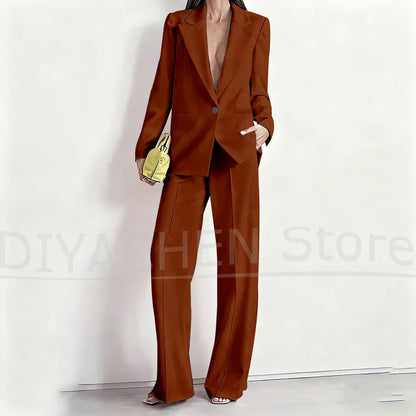 Women's Suit Set Peak Lapel One Button Blazer and Wide-Leg Pants Fashion Formal Casual Party Office Stylish Pants Sets Two Piece
