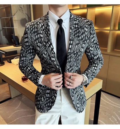 Korean Slim Fit Casual Suit Jacket for Men Fashion Camouflage Business Social Blazers Wedding Streetwear Dress Coat Men Clothing