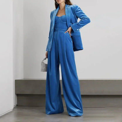 Velvet Women Pants Sets 2 Piece Fashion Peak Lapel Single Breasted Wear Chic Party Casual Office Lady Suits (Blazer+Pants)