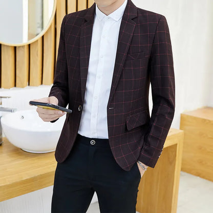 Men's Plaid Smart Casual Blazer Slim Fit Single Button Suit Jacket for Wedding & Business