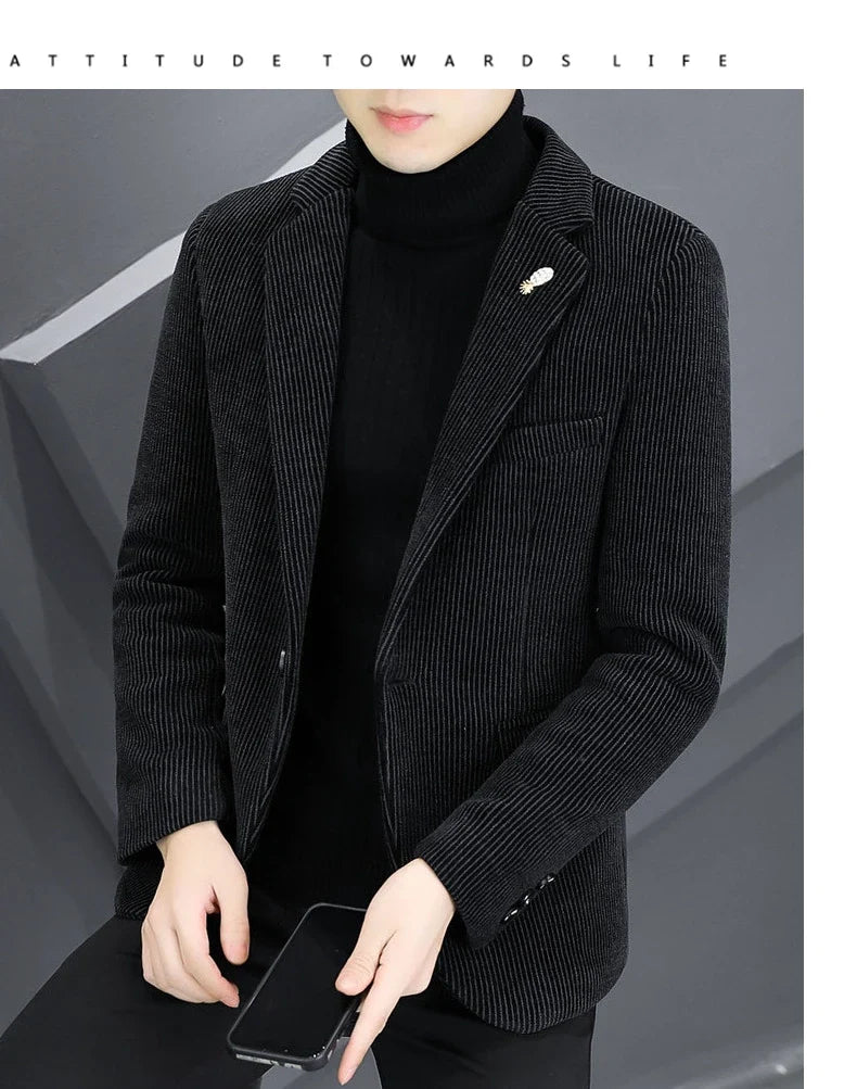 Blazer Autumn/Winter Golden Sable Velvet and Cotton Thickened Thermal Small Suit Fashion Business Men's Slim Blazer