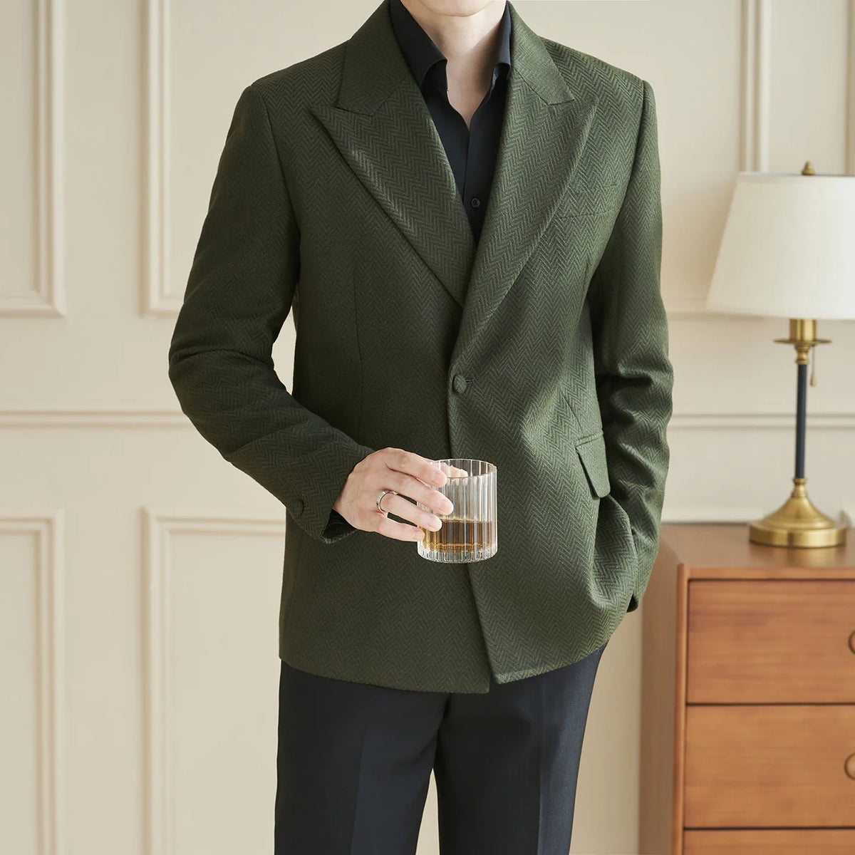 Herringbone Pattern Fabric Suit Jacket Men Autumn Winter Casual Business Dress Coat Wedding Groom Banquet Party Blazer Masculino