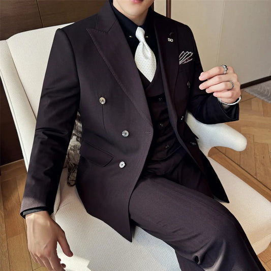 Autumn Winter Double Breasted Wedding Suit for Men 3 Piece Set (jacket+west+pant) Casual Business Office Work Party Formal Suits