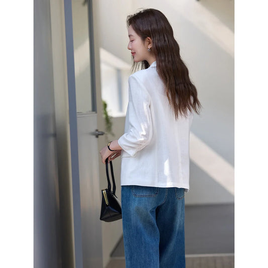 Women's White Blazer 2026 Old Money Style Three Quarter Sleeve Single Button Jacket Versatile Office Lady Blazers A5171