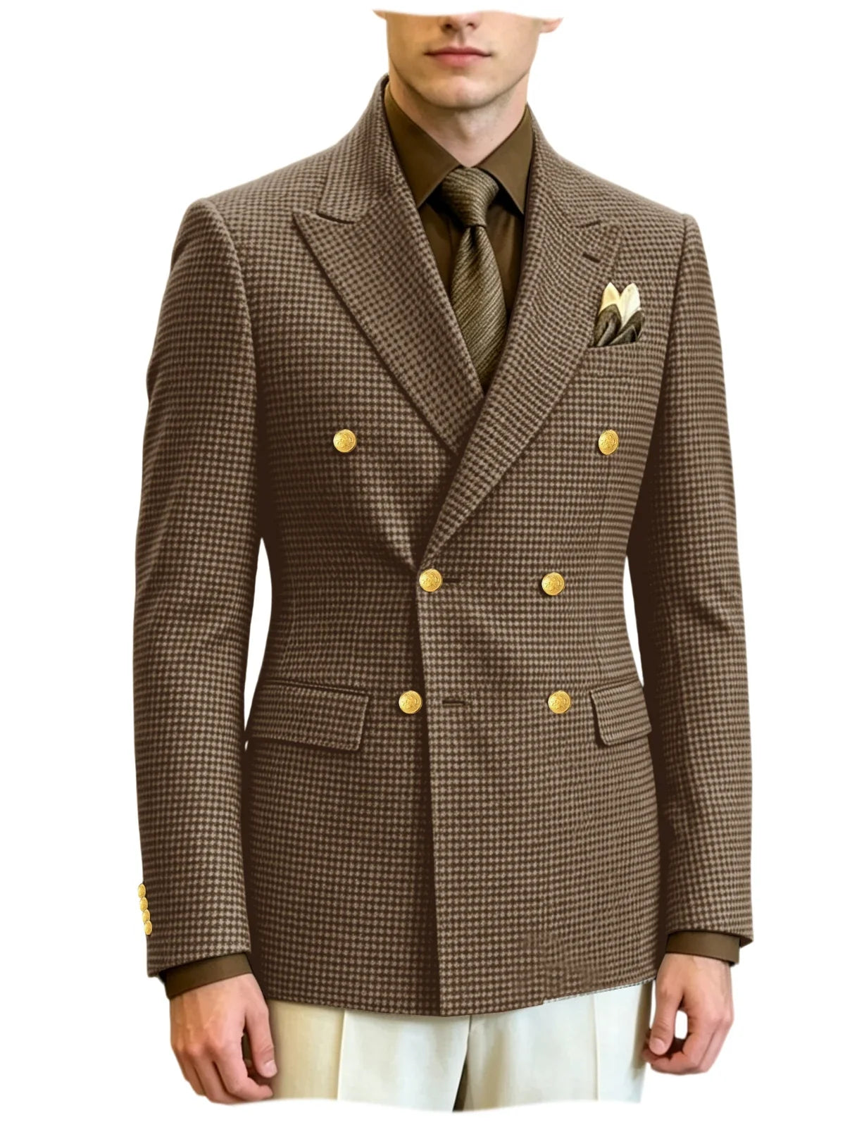 Men's Houndstooth Double Breasted Blazer Vintage Slim Jacket  Fit Formal Business Wedding Party Coat For Men Autumn Winter