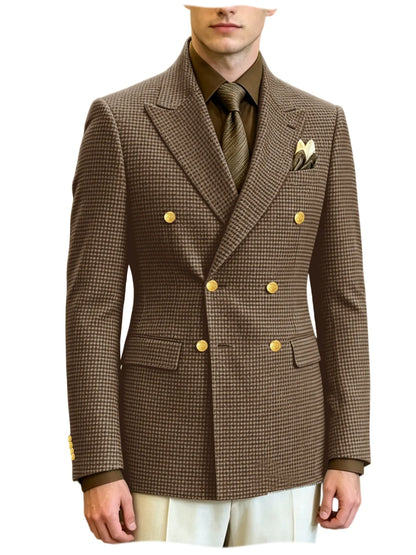 Men's Houndstooth Double Breasted Blazer Vintage Slim Jacket  Fit Formal Business Wedding Party Coat For Men Autumn Winter