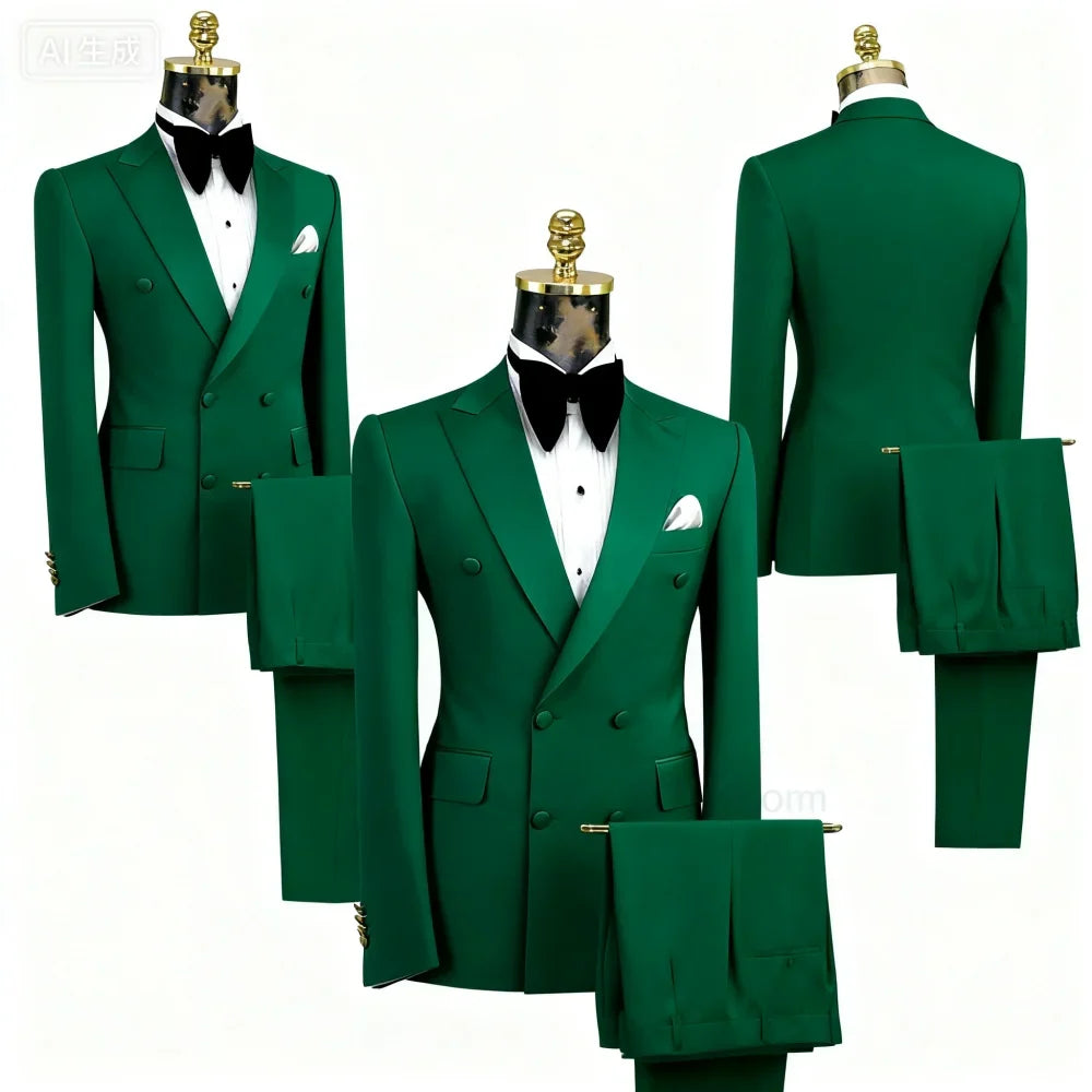 Men's Double-Breasted Suit Set – Peak Lapel, Solid 2-Piece for Wedding & Formal Occasions