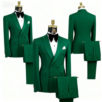 Men's Double-Breasted Suit Set – Peak Lapel, Solid 2-Piece for Wedding & Formal Occasions