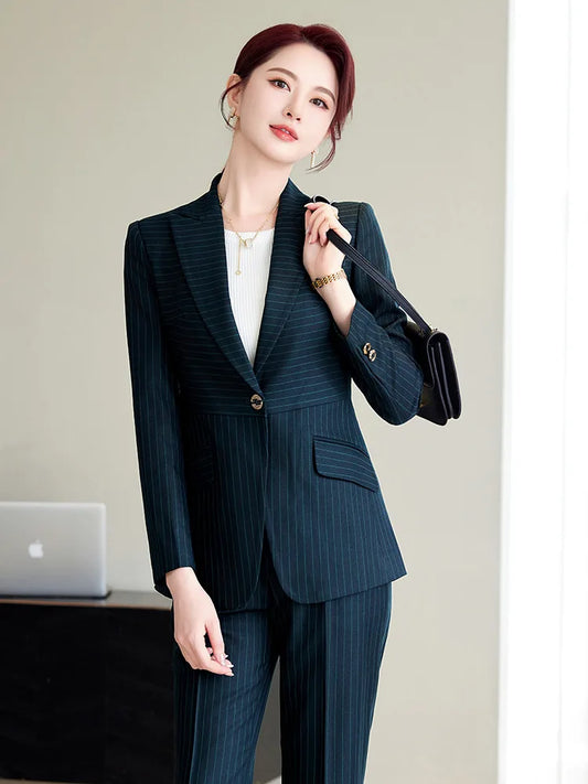Caramel Green Striped Ladies Pant Suit 2025 Autumn Women Business Work Wear Single Button Jacket and Trouser Blazer 2 Piece Set