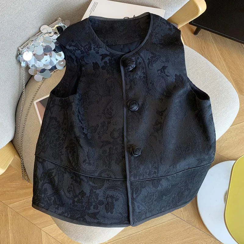Vintage Chinese Jacquard Vest Jacket Women 2025 New Spring Summer  Rose Button Sleeveless Waistcoat Chic Female Top