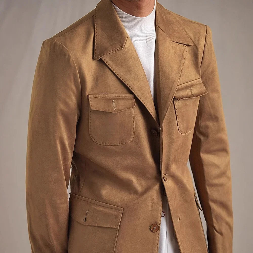 Hunting Jacket With Lapel Collar Men's Vintage-Style Faux Suede Blazer Fashionable Casual Italian Slim Fit Trendsetter Safari