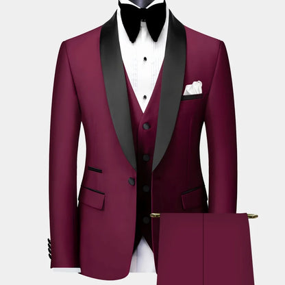 Men Suit 3 Pieces Black Single Button With Bright Lapel For Wedding Groom Banquet Party Business Work Set Jacket Vest Pants