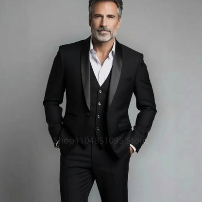 Classic Style 3 Piece Slim Fit Green Men Suit Groom Tuxedos Shawl Lapel Single Breasted Blazer Vest Pants Set Party Men Clothing
