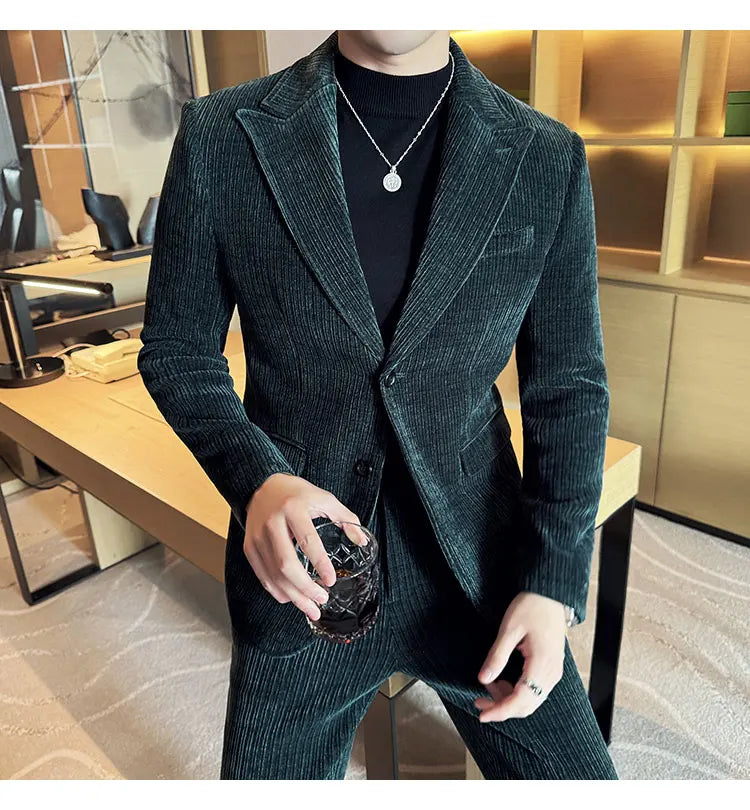 ( Jacket+Pants) Men Corduroy Suit Two-Piece Set High Quality Italian Style Business Suit Luxury Men Formal Wedding Groom Tuxedos