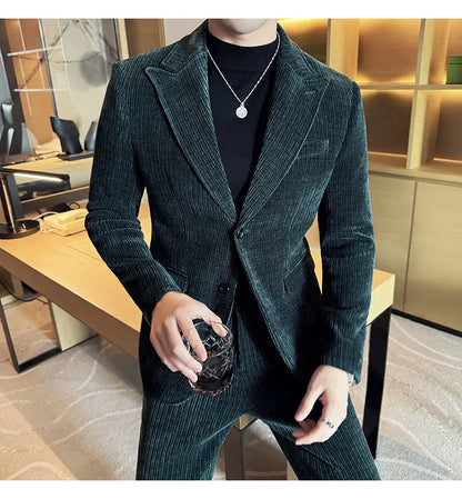 ( Jacket+Pants) Men Corduroy Suit Two-Piece Set High Quality Italian Style Business Suit Luxury Men Formal Wedding Groom Tuxedos